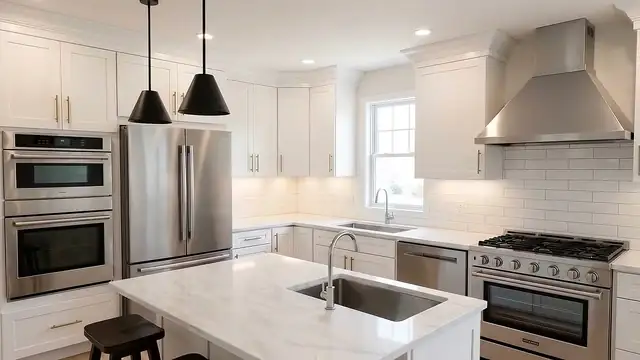 White kitchen with large island, black pendant lights, stainless hood and double wall ovens